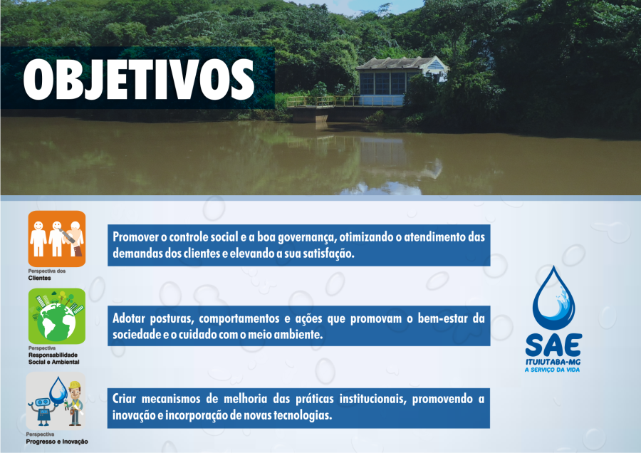 Objetivos: Promover o controle social e a boa governança, otimizando o atendimento das demandas dos clientes e elevando sua satisfação. Adotar posturas, comportamentos e ações que promovam o bem-estar da sociedadee o cuidado com o meio ambiente. Criar mecanismos de melhoria das práticas institucionais, promovendo a inovação e incorporação de novas tecnologias.